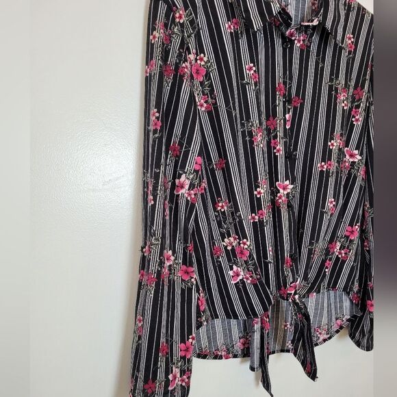 Floral Striped Blouse Tie Front Knotted Rose Boho Romantic Feminine Summer Large - Picture 6 of 9
